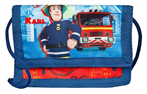 Geldbeutel mit Namen | personalisiert & Bedruckt | Motiv Feuerwehrmann & Feuerwehr Auto | Geldbörse Kindergeldbeutel zum umhängen blau & rot | inkl. NAMENSDRUCK von minimutz