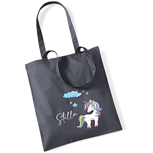 Jutebeutel Einhorn mit eigenem Namen bedruckt | große Stofftasche Baumwolle Unicorn Wolke Sterne | Personalisierter Kitabeutel Mädchen(grau) von minimutz