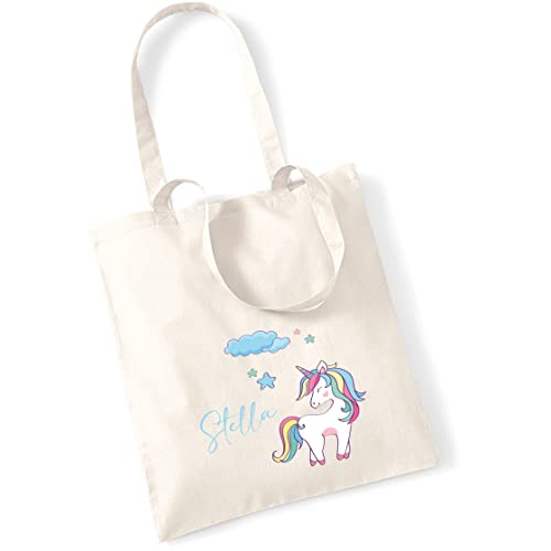 Jutebeutel Einhorn mit eigenem Namen bedruckt | große Stofftasche Baumwolle Unicorn Wolke Sterne | Personalisierter Kitabeutel Mädchen(natur) von minimutz