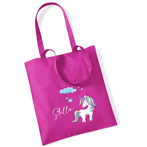 Jutebeutel Einhorn mit eigenem Namen bedruckt | große Stofftasche Baumwolle Unicorn Wolke Sterne | Personalisierter Kitabeutel Mädchen(pink) von minimutz