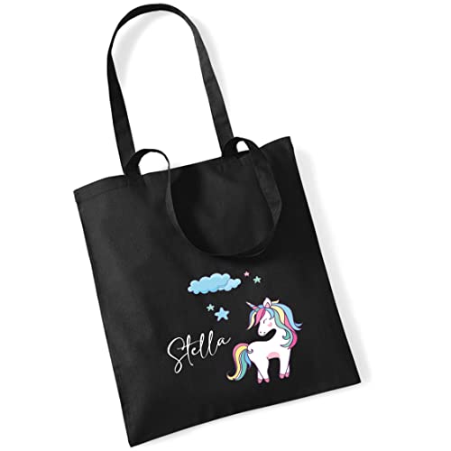 Jutebeutel Einhorn mit eigenem Namen bedruckt | große Stofftasche Baumwolle Unicorn Wolke Sterne | Personalisierter Kitabeutel Mädchen(schwarz) von minimutz