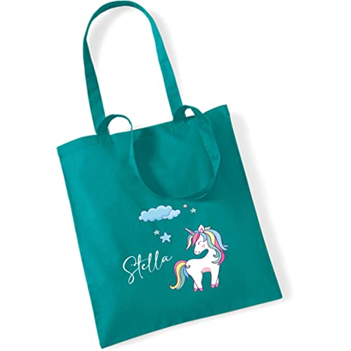 Jutebeutel Einhorn mit eigenem Namen bedruckt | große Stofftasche Baumwolle Unicorn Wolke Sterne | Personalisierter Kitabeutel Mädchen(türkis) von minimutz