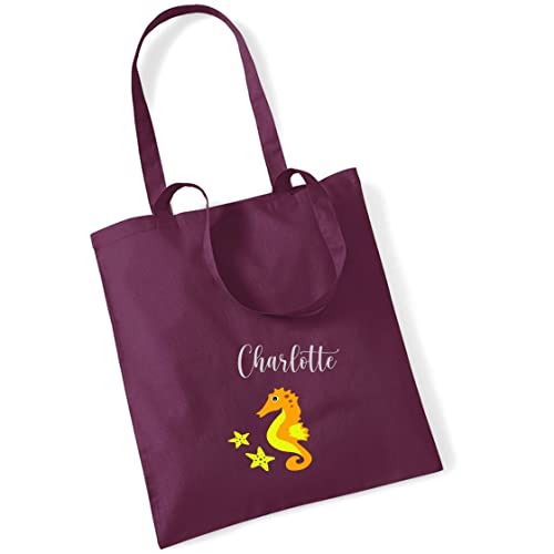 Jutebeutel Seepferdchen mit Namen bedruckt | große Stofftasche Baumwolle mit langen Henkeln | Personalisierter Kinderbeutel Tragetasche Kitabeutel Mädchen Jungen (burgund) von minimutz