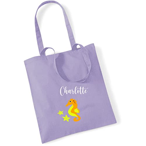 Jutebeutel Seepferdchen mit Namen bedruckt | große Stofftasche Baumwolle mit langen Henkeln | Personalisierter Kinderbeutel Tragetasche Kitabeutel Mädchen Jungen (lavendel) von minimutz