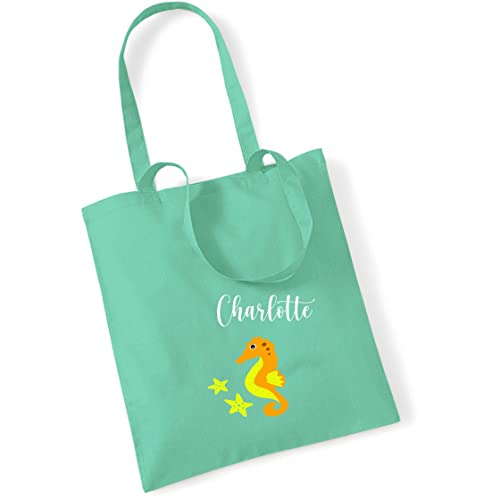 Jutebeutel Seepferdchen mit Namen bedruckt | große Stofftasche Baumwolle mit langen Henkeln | Personalisierter Kinderbeutel Tragetasche Kitabeutel Mädchen Jungen (mint) von minimutz