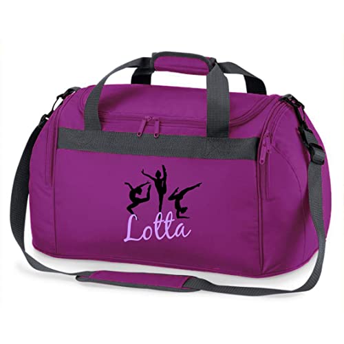 Kinder-Sporttasche Gymnastik mit Namen Bedruckt | Personalisierbar mit Motiv Turnerin Boden-Turnen | Reisetasche Duffle Bag zum Umhängen für Mädchen (lila) von minimutz