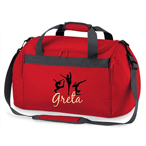 Kinder-Sporttasche Gymnastik mit Namen Bedruckt | Personalisierbar mit Motiv Turnerin Boden-Turnen | Reisetasche Duffle Bag zum Umhängen für Mädchen (rot) von minimutz