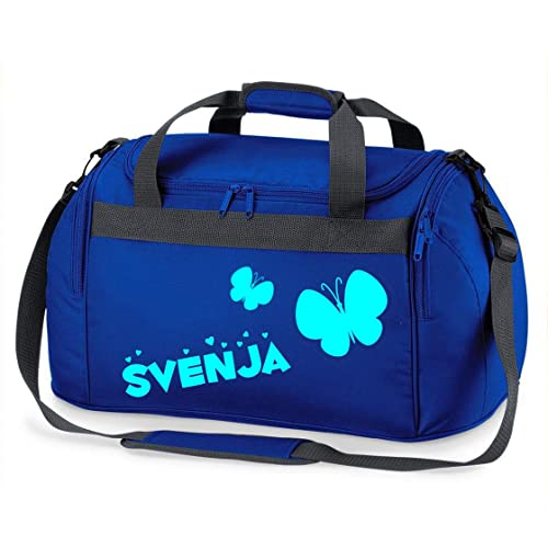 Kinder-Sporttasche mit Namen Bedruckt | Personalisierbar mit Motiv Schmetterling | Reisetasche Duffle Bag für Mädchen in Pink, Blau, Grün (Royalblau) von minimutz