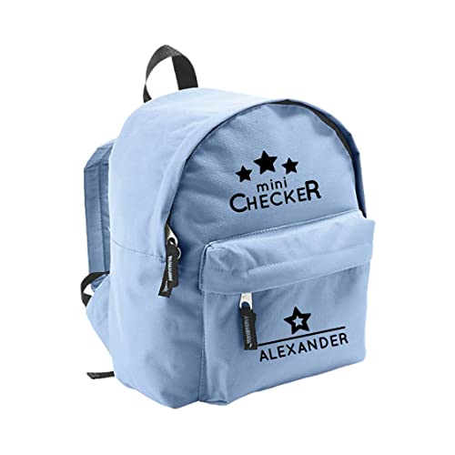 Kindergartenrucksack mit Namen | inkl. NAMENSDRUCK | Motiv Mini Checker | Rucksack für Kinder Jungen Mädchen hell-blau & Cooler Spruch (hellblau) von minimutz