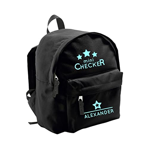 Kindergartenrucksack mit Namen | inkl. NAMENSDRUCK | Motiv Mini Checker | Rucksack für Kinder Jungen Mädchen hell-blau & Cooler Spruch (schwarz) von minimutz