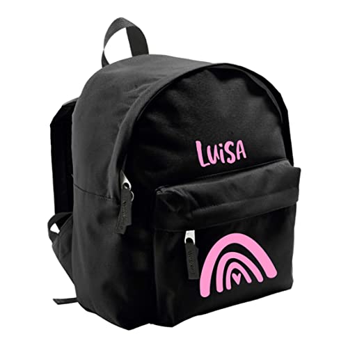 Kindergartenrucksack mit eigenem Namen und Regenbogen | Personalisierter Kinder-Rucksack Jungen Mädchenrucksack für KiTa Freizeit Kindersport (schwarz) von minimutz