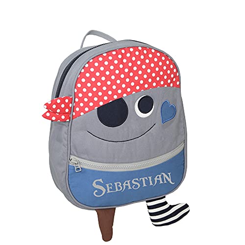 Kindergartenrucksack für Jungen und Mädchen | Kinderrucksack mit Namen für KiTa und Kindergarten ab 2-6 Jahre | Pirat Pepe in grau dunkelblau pastellgrün | 34x27x10 cm von minimutz