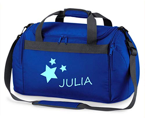 Kindersporttasche Junge & Mädchen | Motiv Sterne & Namen-sdruck personalisiert & Bedruckt | Reisetasche Sporttasche mit Namen Kindertasche Tragetasche zum Umhängen für Kinder (Royalblau) 26 Liter von minimutz