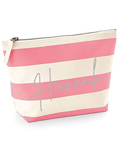 minimutz Maritime Schminktasche für Mädchen | personalisiert mit Namensdruck | kleine Kosmetiktasche gestreift inkl. Name | Make-up Täschchen mit Reißverschluss | 19 x 18 x 9 cm (pink/Natur) von minimutz