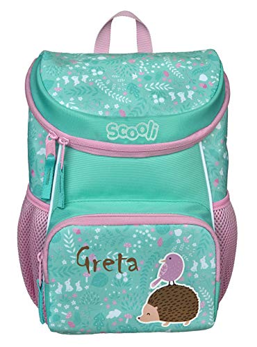 Mini-Me Kindergartenrucksack 3-6 Jahre mit Namen bedruckt | Motiv Igel & Vogel in Pastellgrün für Mädchen | kleiner Rucksack mit Brustgurt gepolstert (Ida Igel) von minimutz