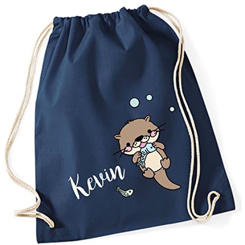 Personalisierter Turnbeutel für Mädchen Jungen mit Namen | Motiv Otter mit Fisch | Stoffbeutel mit Kordel zum Zuziehen | Geschenk-Idee für Kinder (dunkelblau) von minimutz