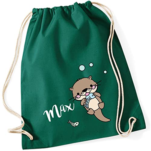 Personalisierter Turnbeutel für Mädchen Jungen mit Namen | Motiv Otter mit Fisch | Stoffbeutel mit Kordel zum Zuziehen | Geschenk-Idee für Kinder (dunkelgrün) von minimutz