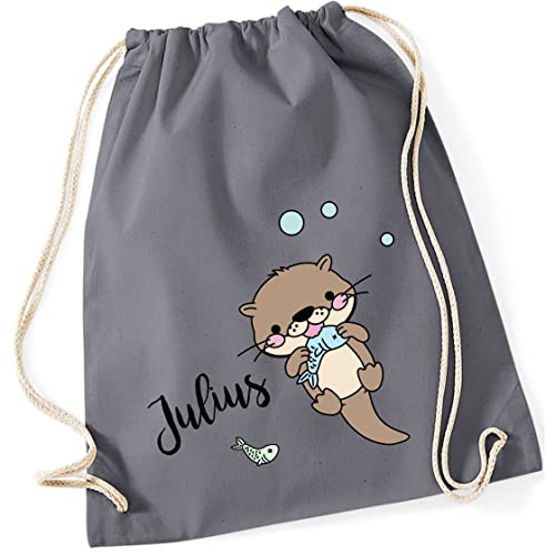 Personalisierter Turnbeutel für Mädchen Jungen mit Namen | Motiv Otter mit Fisch | Stoffbeutel mit Kordel zum Zuziehen | Geschenk-Idee für Kinder (grau) von minimutz