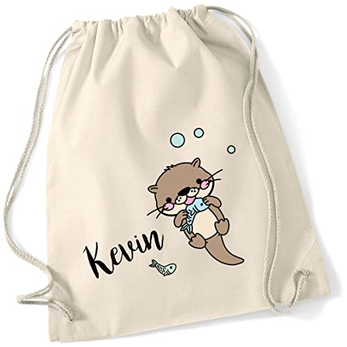 Personalisierter Turnbeutel für Mädchen Jungen mit Namen | Motiv Otter mit Fisch | Stoffbeutel mit Kordel zum Zuziehen | Geschenk-Idee für Kinder (natur) von minimutz