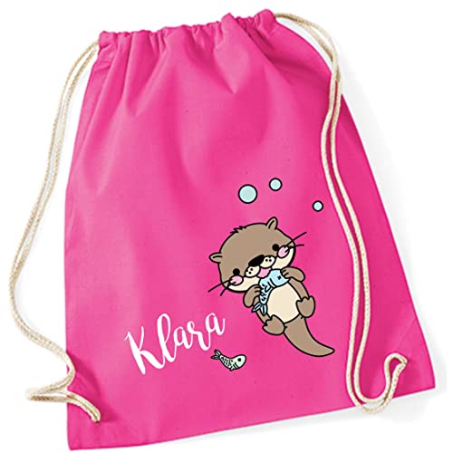 Personalisierter Turnbeutel für Mädchen Jungen mit Namen | Motiv Otter mit Fisch | Stoffbeutel mit Kordel zum Zuziehen | Geschenk-Idee für Kinder (pink) von minimutz