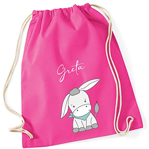 Personalisierter Turnbeutel für Mädchen Jungen mit Namen | Motiv süßer Esel | Stoffbeutel mit Kordel zum Zuziehen | Geschenk-Idee für Kinder (pink) von minimutz