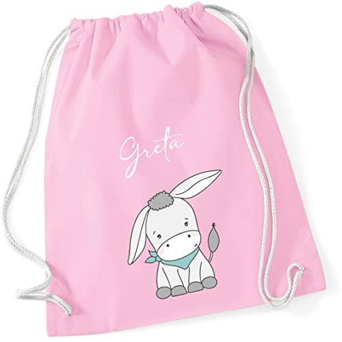 Personalisierter Turnbeutel für Mädchen Jungen mit Namen | Motiv süßer Esel | Stoffbeutel mit Kordel zum Zuziehen | Geschenk-Idee für Kinder (rosa) von minimutz