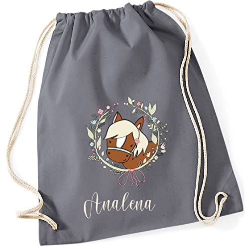 Personalisierter Turnbeutel für Mädchen mit Namen | Motiv Pferd und Blumen-Kranz | Stoffbeutel mit Kordel zum Zuziehen | Geschenk-Idee für Kinder (grau) von minimutz