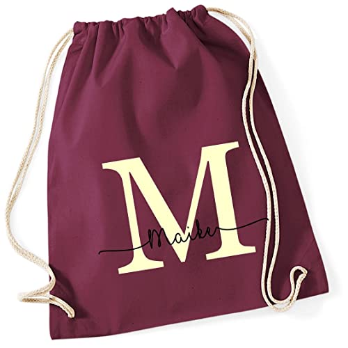 Personalisierter Turnbeutel mit Buchstabe und Name | Motiv Monogramm Initiale | Bedruckter Stoffbeutel Kordel-Rucksack zum Zuziehen | Geschenk-Idee Schulanfänger Geburtstag (burgund) von minimutz