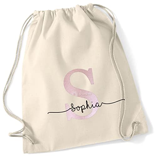 Personalisierter Turnbeutel mit Buchstabe und Name | Motiv Monogramm Initiale | Bedruckter Stoffbeutel Kordel-Rucksack zum Zuziehen | Geschenk-Idee Schulanfänger Geburtstag (natur) von minimutz