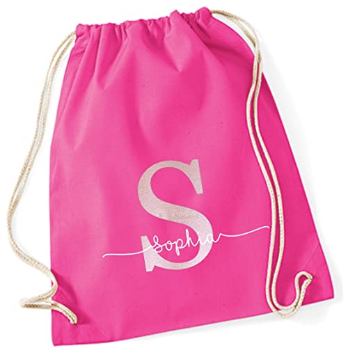 Personalisierter Turnbeutel mit Buchstabe und Name | Motiv Monogramm Initiale | Bedruckter Stoffbeutel Kordel-Rucksack zum Zuziehen | Geschenk-Idee Schulanfänger Geburtstag (pink) von minimutz