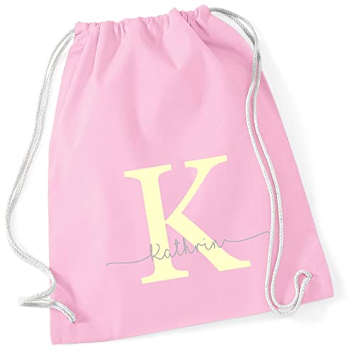 Personalisierter Turnbeutel mit Buchstabe und Name | Motiv Monogramm Initiale | Bedruckter Stoffbeutel Kordel-Rucksack zum Zuziehen | Geschenk-Idee Schulanfänger Geburtstag (rosa) von minimutz