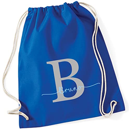 Personalisierter Turnbeutel mit Buchstabe und Name | Motiv Monogramm Initiale | Bedruckter Stoffbeutel Kordel-Rucksack zum Zuziehen | Geschenk-Idee Schulanfänger Geburtstag (royalblau) von minimutz