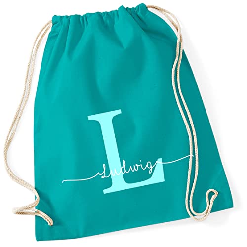 Personalisierter Turnbeutel mit Buchstabe und Name | Motiv Monogramm Initiale | Bedruckter Stoffbeutel Kordel-Rucksack zum Zuziehen | Geschenk-Idee Schulanfänger Geburtstag (türkis) von minimutz