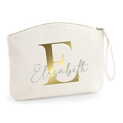 minimutz Schminktasche für Mädchen mit Name | Motiv Buchstabe Initiale inkl. Namensdruck | Personalisierte Kosmetiktasche Ordnungshüter Mädchen Damen L (28 x 22 cm) Beige von minimutz