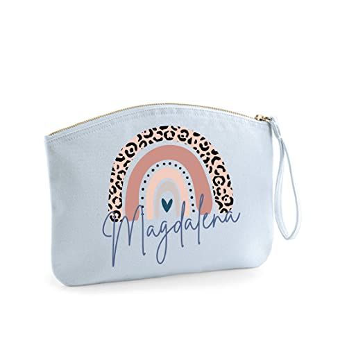 minimutz Schminktasche für Mädchen mit Regenbogen & Name | Motiv Rosa Leo inkl. Namensdruck|Personalisierter Kulturbutel Kosmetiktäschchen Organizer Damen L (28x22 cm) Pastellblau von minimutz