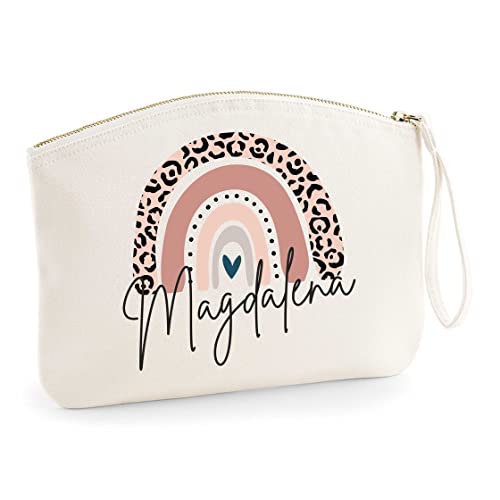 minimutz Schminktasche für Mädchen mit Regenbogen & Name | Motiv Rosa Leo inkl. Namensdruck|Personalisierter Kulturbutel Kosmetiktäschchen Organizer Damen L (28x22 cm) beige von minimutz