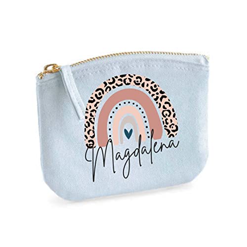 minimutz Schminktasche für Mädchen mit Regenbogen & Name | Motiv Rosa Leo inkl. Namensdruck|Personalisierter Kulturbutel Kosmetiktäschchen Organizer Damen S (14x11 cm) Pastellblau von minimutz