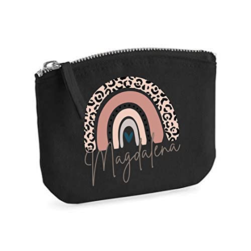 minimutz Schminktasche für Mädchen mit Regenbogen & Name | Motiv Rosa Leo inkl. Namensdruck|Personalisierter Kulturbutel Kosmetiktäschchen Organizer Damen S (14x11 cm) schwarz von minimutz