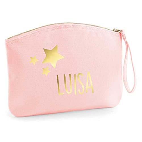 minimutz Schminktasche für Mädchen | personalisiert mit Namensdruck & Sterne | Kosmetiktasche für Kinder inkl. Name | Make-up Täschchen mit Reißverschluss (Rosa) (L (28 x 22 cm) von minimutz