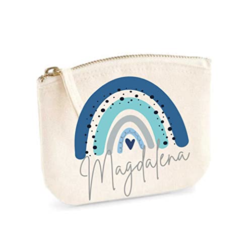 minimutz Schminktasche mit Name für Mädchen | Motiv Regenbogen in blau | kleine Kosmetiktasche für Frauen & Kinder personalisiert | Make-up Täschchen mit Reißverschluss (14 x 11 cm, Natur) von minimutz