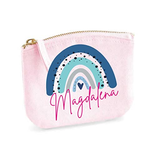 minimutz Schminktasche mit Name für Mädchen | Motiv Regenbogen in blau | kleine Kosmetiktasche für Frauen & Kinder personalisiert | Make-up Täschchen mit Reißverschluss (14 x 11 cm, rosa) von minimutz