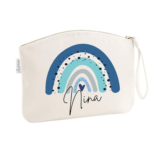 Schminktasche mit Name für Mädchen | Motiv Regenbogen in blau | kleine Kosmetiktasche für Frauen & Kinder personalisiert | Make-up Täschchen mit Reißverschluss (Natur, 19 x 17 cm) von minimutz