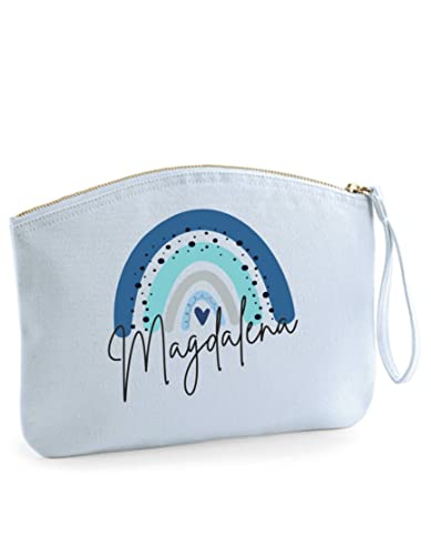 minimutz Schminktasche mit Name für Mädchen | Motiv Regenbogen in blau | kleine Kosmetiktasche für Frauen & Kinder personalisiert | Make-up Täschchen mit Reißverschluss (19 x 17 cm, Pastellblau) von minimutz