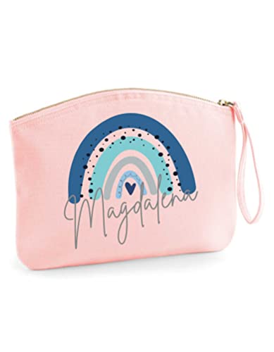 minimutz Schminktasche mit Name für Mädchen | Motiv Regenbogen in blau | kleine Kosmetiktasche für Frauen & Kinder personalisiert | Make-up Täschchen mit Reißverschluss (19 x 17 cm, rosa) von minimutz