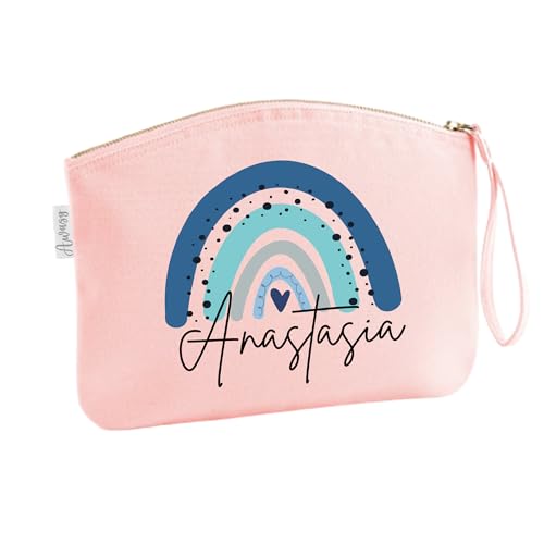Schminktasche mit Name für Mädchen | Motiv Regenbogen in blau | kleine Kosmetiktasche für Frauen & Kinder personalisiert | Make-up Täschchen mit Reißverschluss (rosa, 28 x 22 cm) von minimutz