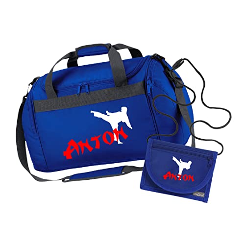 Sporttasche Karate mit Namen für Jungen | Personalisierte Kinder-Reisetasche Kampfsport Judo | Groß für Sport-Verein (Royalblau 2-TLG. mit Geldbeutel) von minimutz