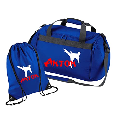 Sporttasche Karate mit Namen für Jungen | Personalisierte Kinder-Reisetasche Kampfsport Judo | Groß für Sport-Verein (Royalblau 2-TLG. mit Turnbeutel) von minimutz