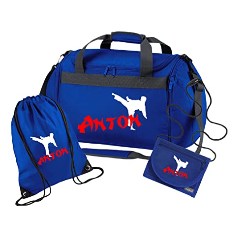 Sporttasche Karate mit Namen für Jungen | Personalisierte Kinder-Reisetasche Kampfsport Judo | Groß für Sport-Verein (Royalblau 3-TLG. komplett) von minimutz