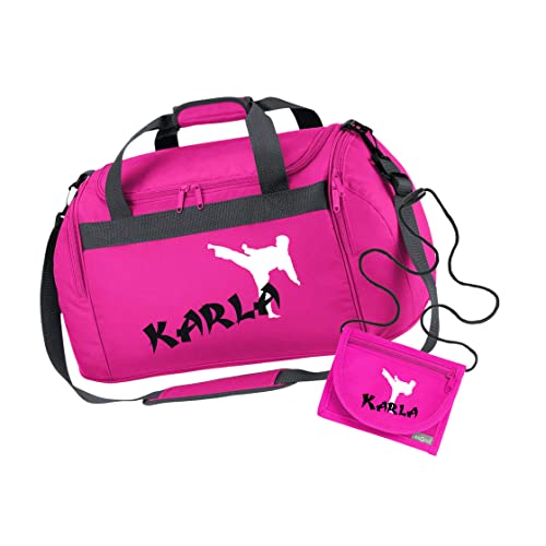 Sporttasche Karate mit Namen für Jungen | Personalisierte Kinder-Reisetasche Kampfsport Judo | Groß für Sport-Verein (pink 2-TLG. mit Geldbeutel) von minimutz