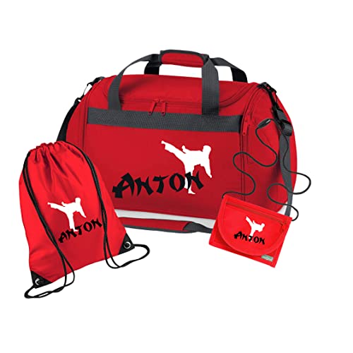 Sporttasche Karate mit Namen für Jungen | Personalisierte Kinder-Reisetasche Kampfsport Judo | Groß für Sport-Verein (rot 3-TLG. komplett) von minimutz